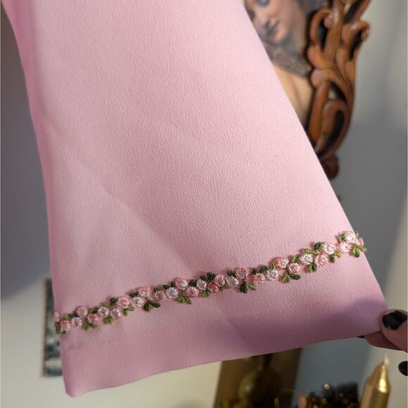 Vtg 70s Floral Embroidered Dress Women's Medium Light Pink Collared Empire Waist - Picture 3 of 4